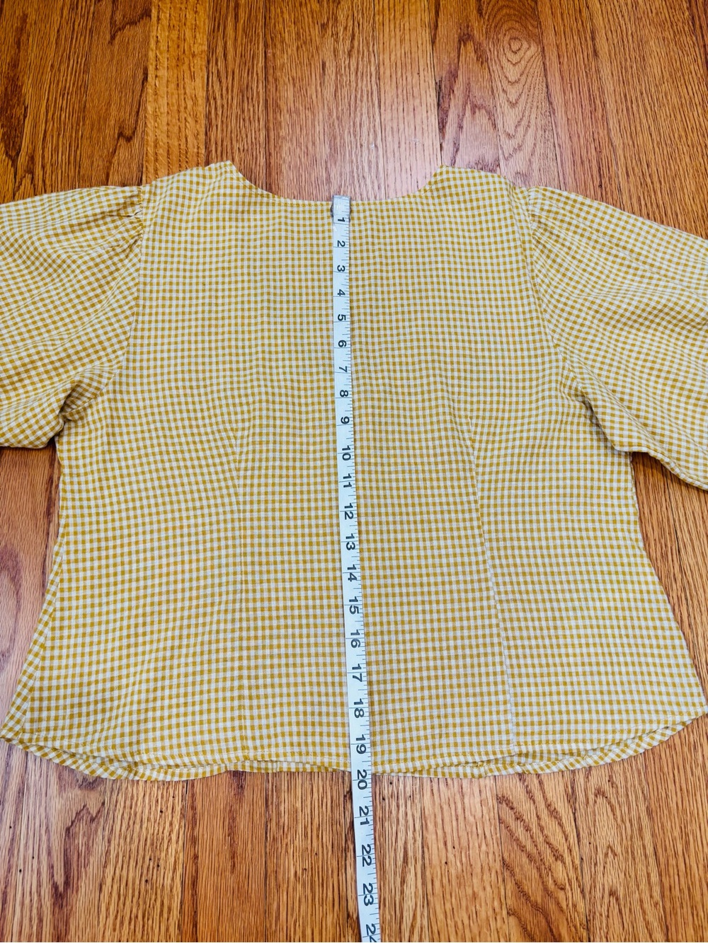 Mango lagenlook mustard gingham V-neck puff sleeve button up resort crop blouse - Picture 13 of 16